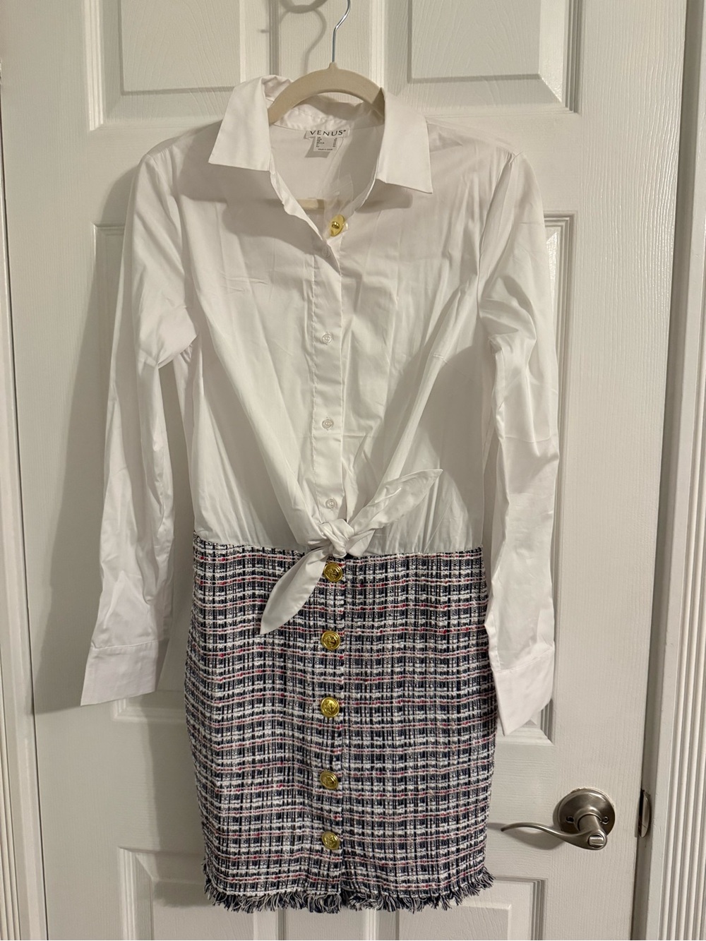 VENUS White Button-Front Shirt Dress with Tweed Skirt